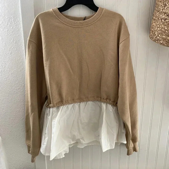 Zara Girls Beige Brown Combination Long Sleeve Sweatshirt Top 13-14Y Fall NWT - Picture 1 of 11